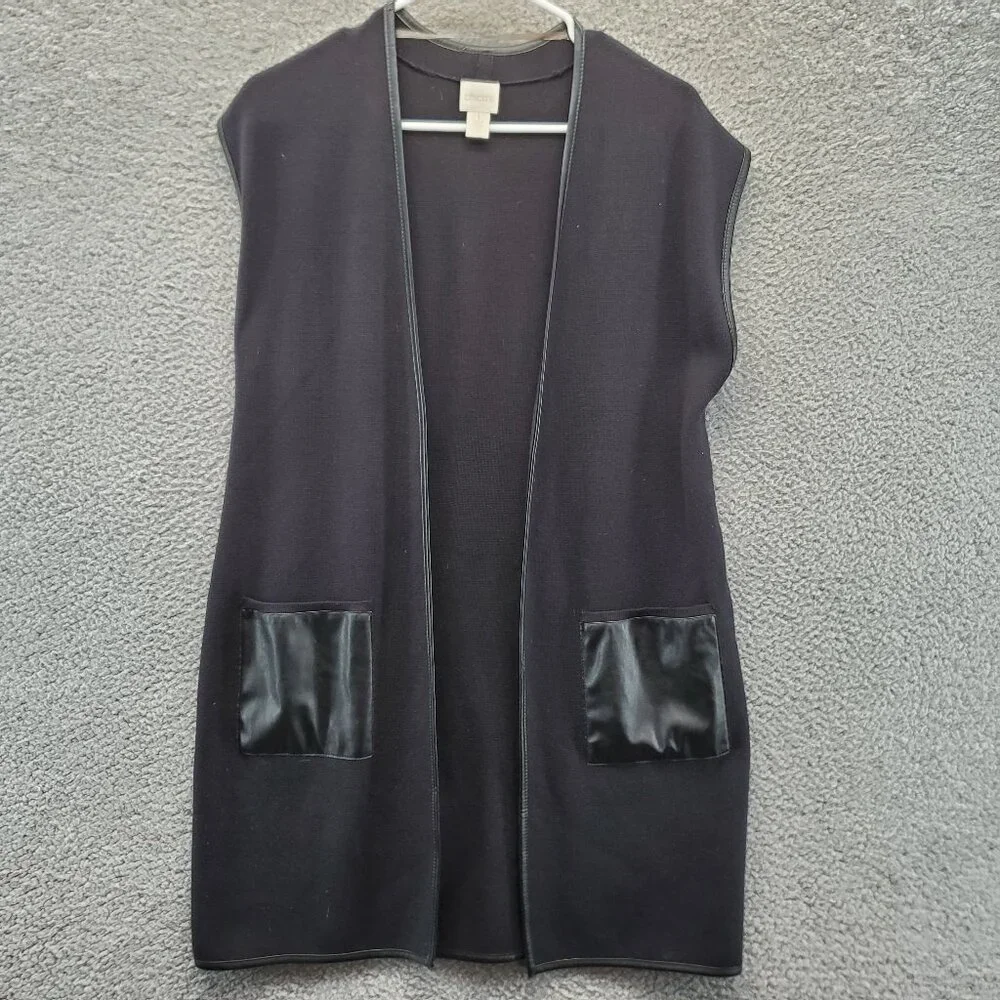 Chicos‎ Longline Cardigan Size 1 Small Pockets Open Front Black Sleeveless
